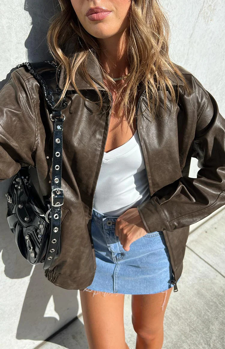 Abbi PU Vintage Brown Bomber Jacket - Image 15