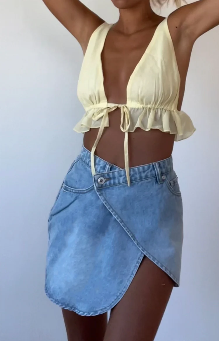 Alcmene Denim Asymmetrical Wrap Mini Skirt - Image 11