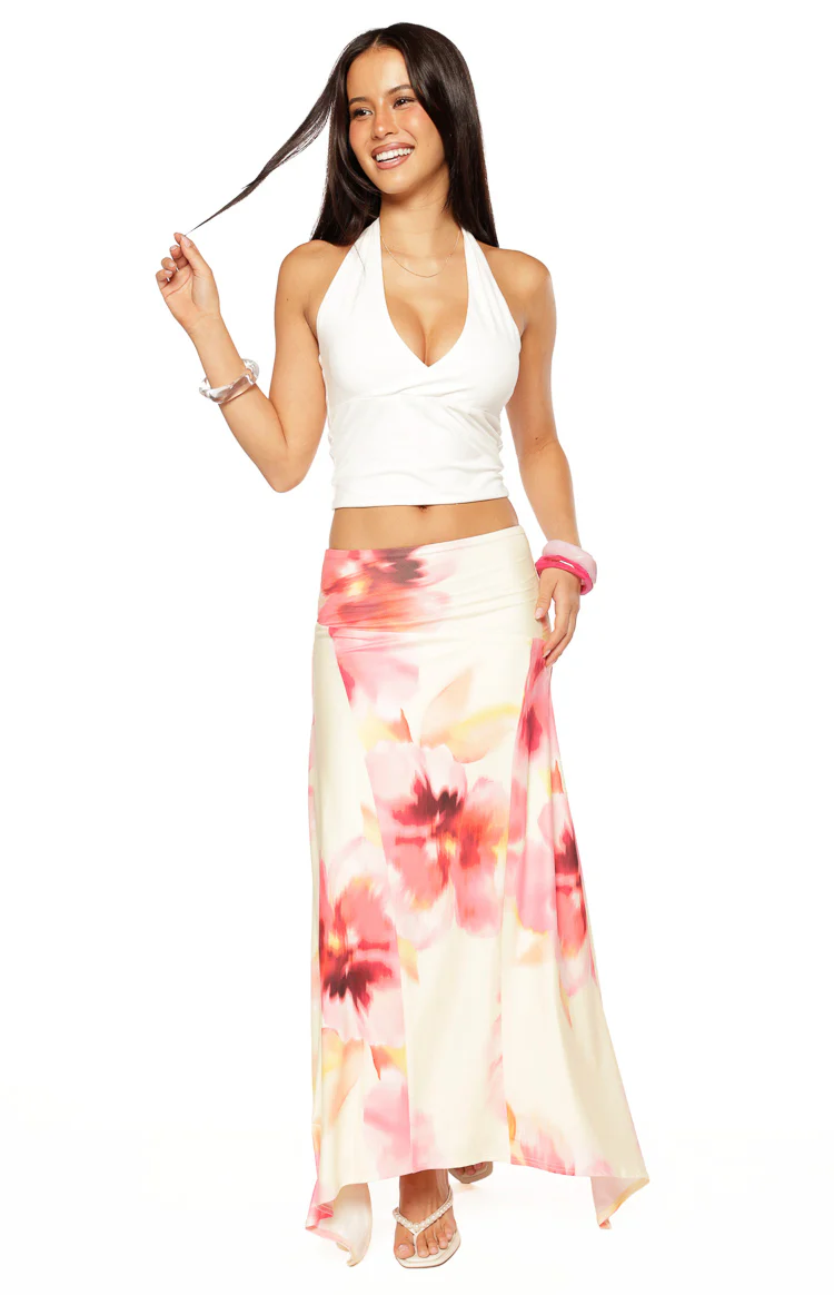 Alora Yellow and Pink Floral Print Hanky Hem Maxi Skirt - Image 10