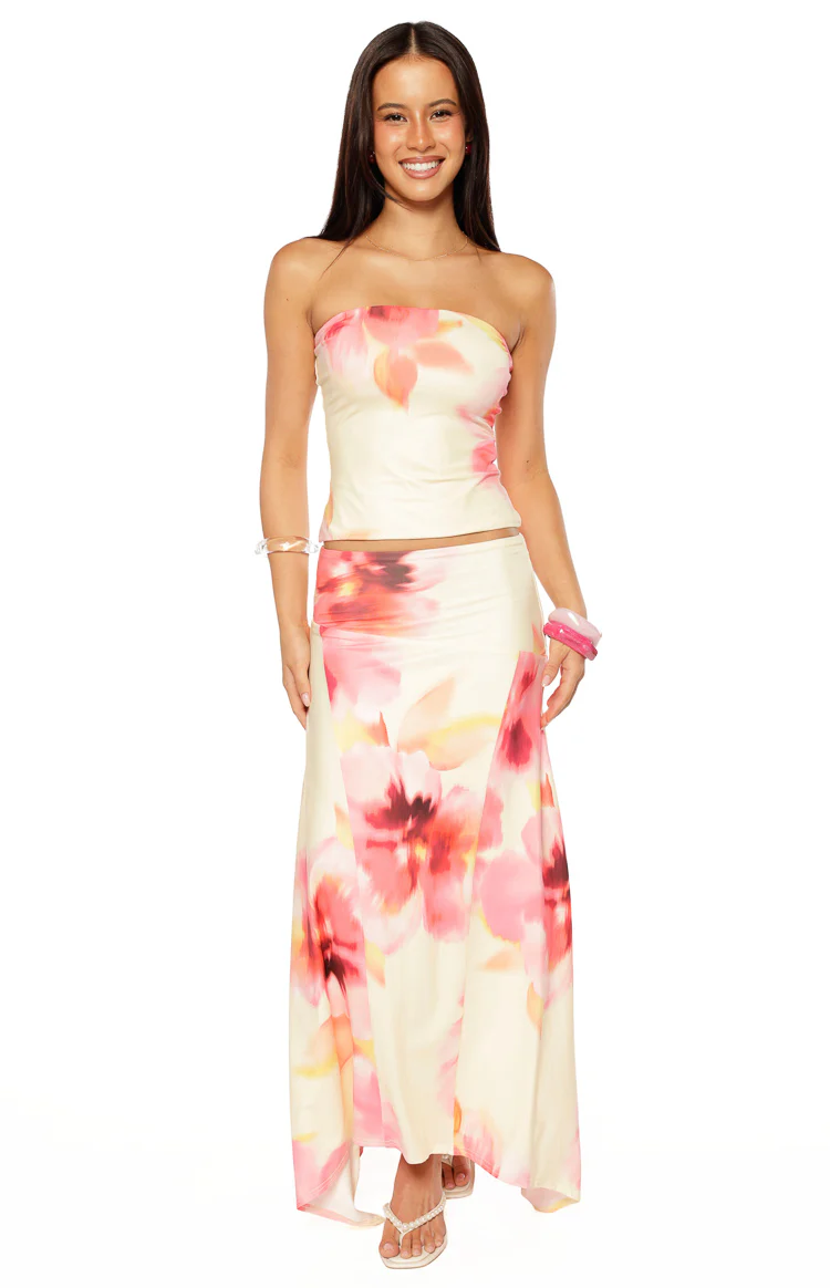 Alora Yellow and Pink Floral Print Hanky Hem Maxi Skirt - Image 2