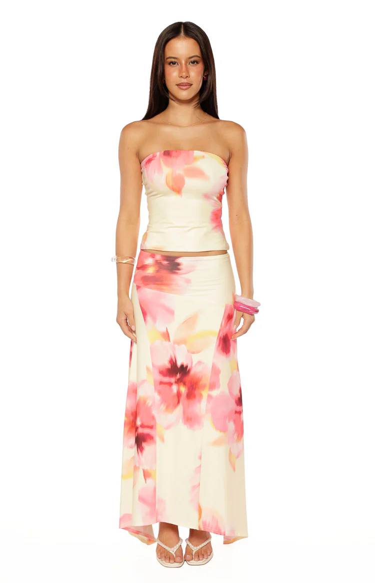 Alora Yellow and Pink Floral Print Hanky Hem Maxi Skirt - Image 6
