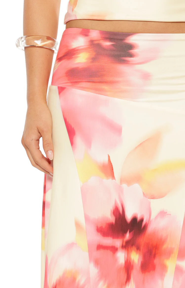 Alora Yellow and Pink Floral Print Hanky Hem Maxi Skirt - Image 9