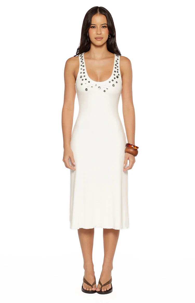 Amba White Button Detail Midi Dress - Image 6
