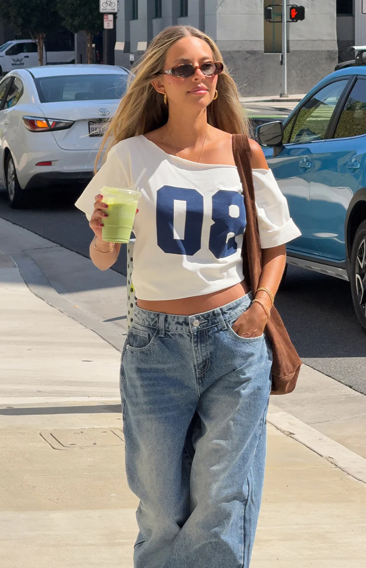 Amelie White Printed Off Shoulder Oversized Tee - Image 4