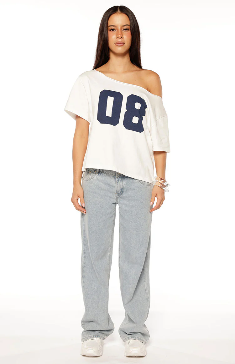 Amelie White Printed Off Shoulder Oversized Tee - Image 5