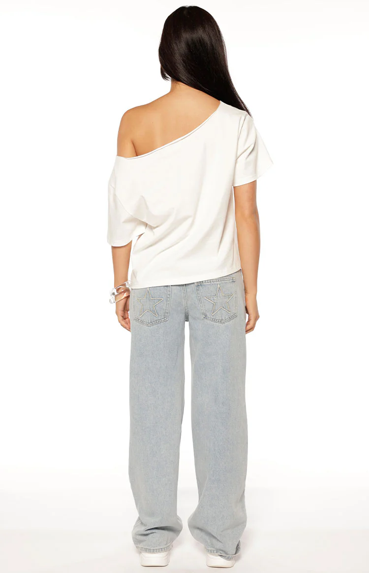Amelie White Printed Off Shoulder Oversized Tee - Image 7