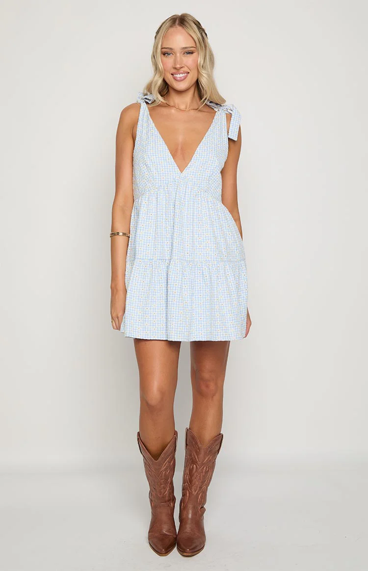 Angel Girl Blue Gingham Floral Mini Dress - Image 3
