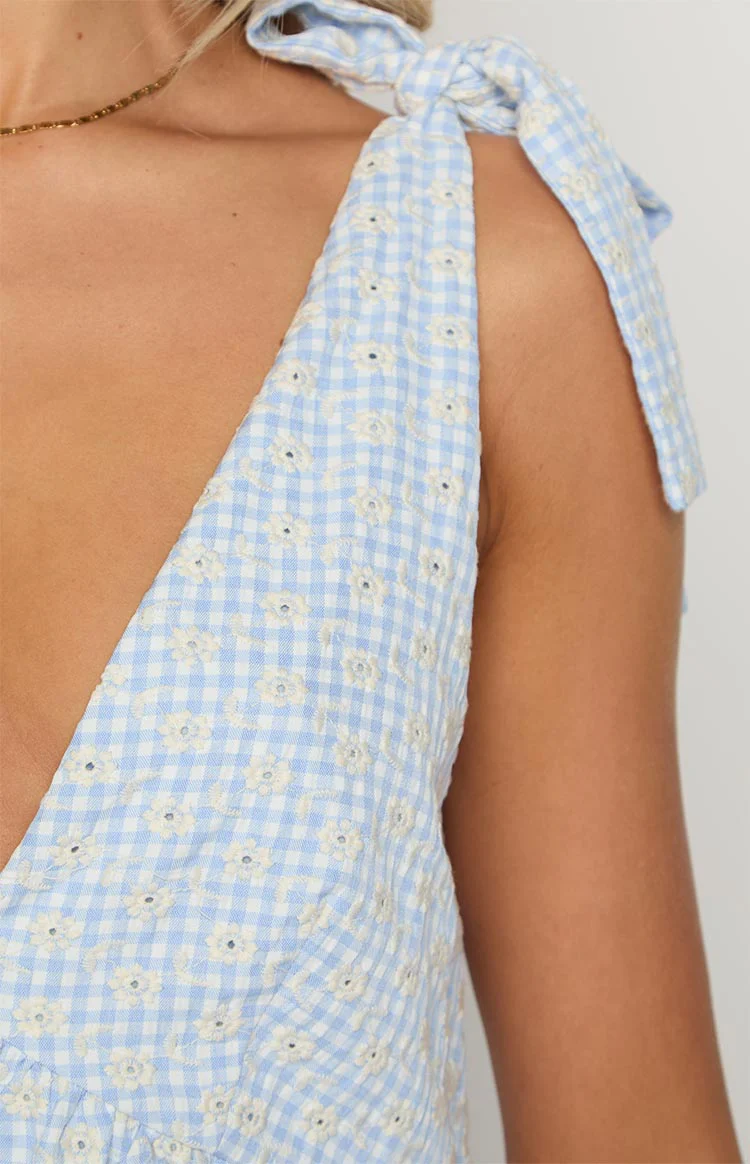 Angel Girl Blue Gingham Floral Mini Dress - Image 7