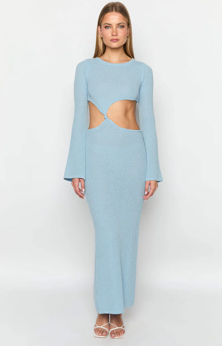 Arya Blue Long Sleeve Knit Maxi Dress - Image 2