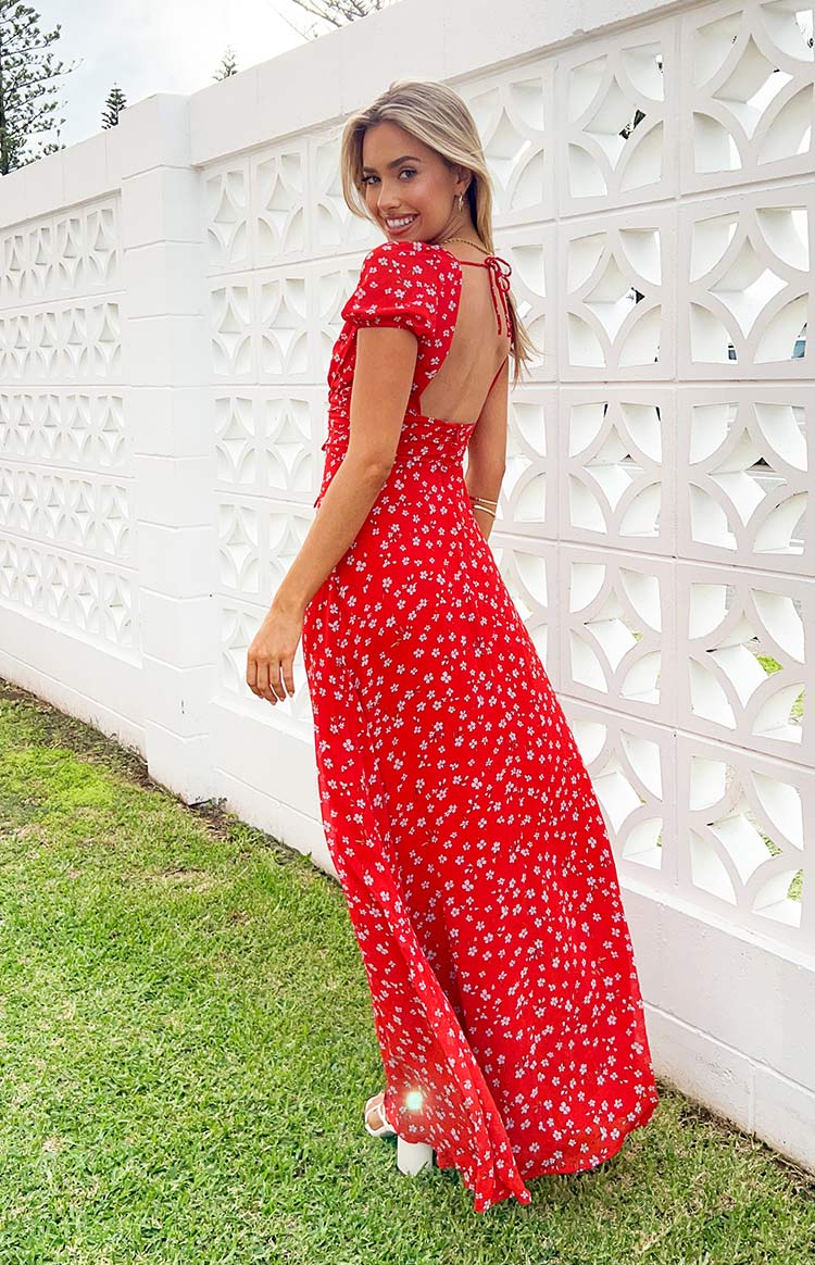 Ayla Red Floral Short Sleeve Maxi Dress - Image 8