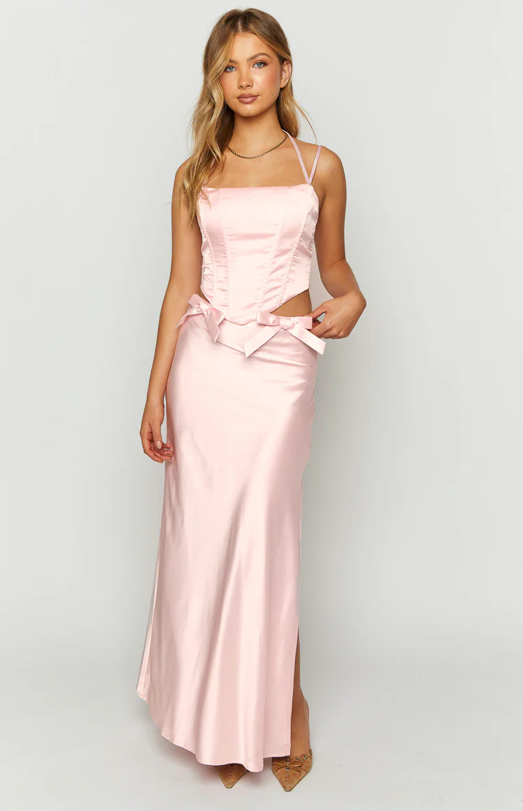 Azriel Pink Satin Bow Maxi Skirt - Image 2