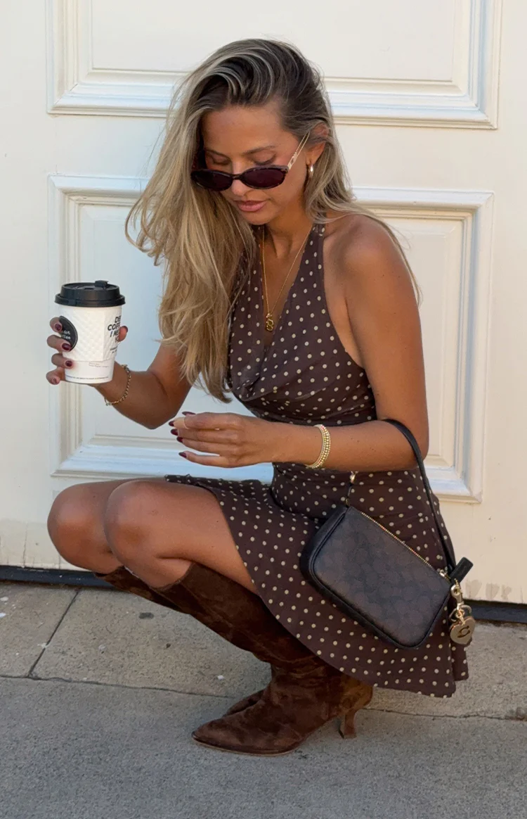 Billy Brown Polka Dot Cowl Mesh Mini Dress - Image 3