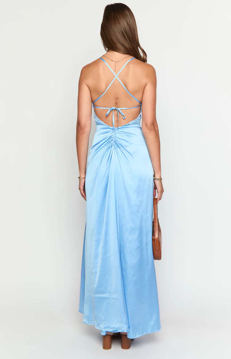 Blaise Blue Satin Maxi Dress - Image 4
