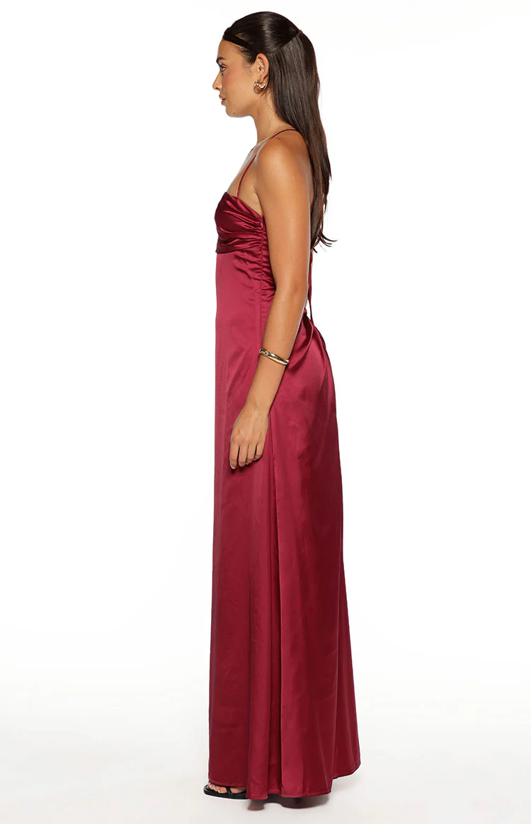 Blaise Burgundy Satin Maxi Dress - Image 6