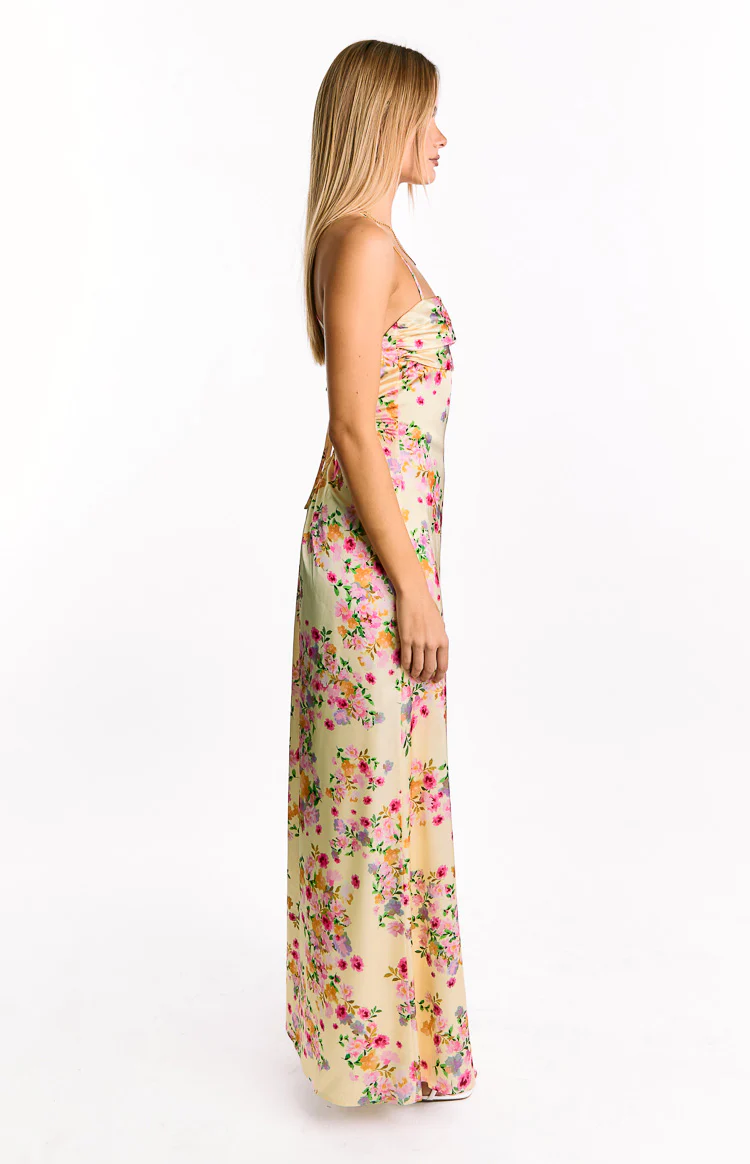 Blaise Yellow Bloom Satin Maxi Dress - Image 3