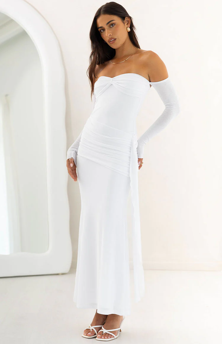 Breanna White Long Sleeve Ruched Maxi Dress - Image 3