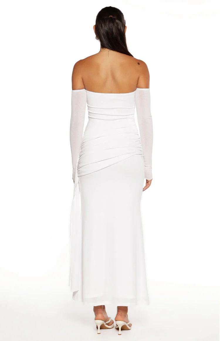 Breanna White Long Sleeve Ruched Maxi Dress - Image 6
