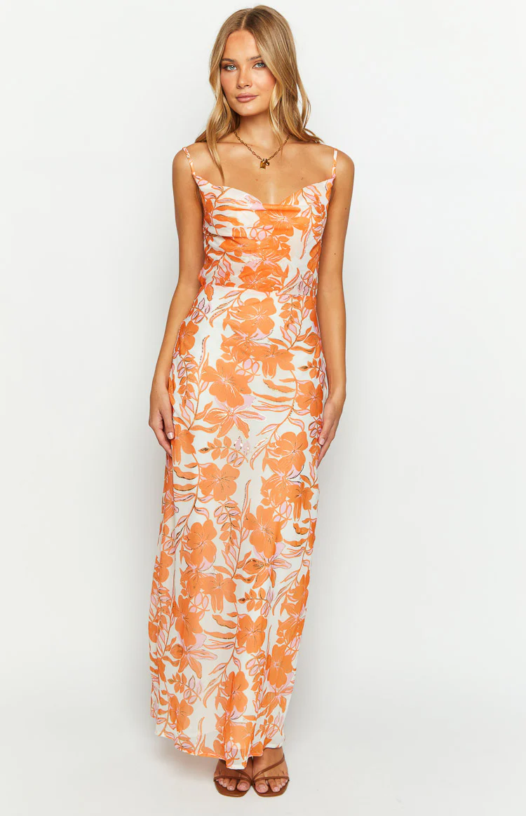 Cambri Orange Floral Chiffon Maxi Dress - Image 3