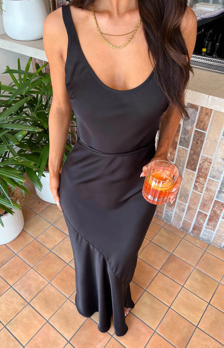Carnation Black Satin Maxi Dress - Image 7
