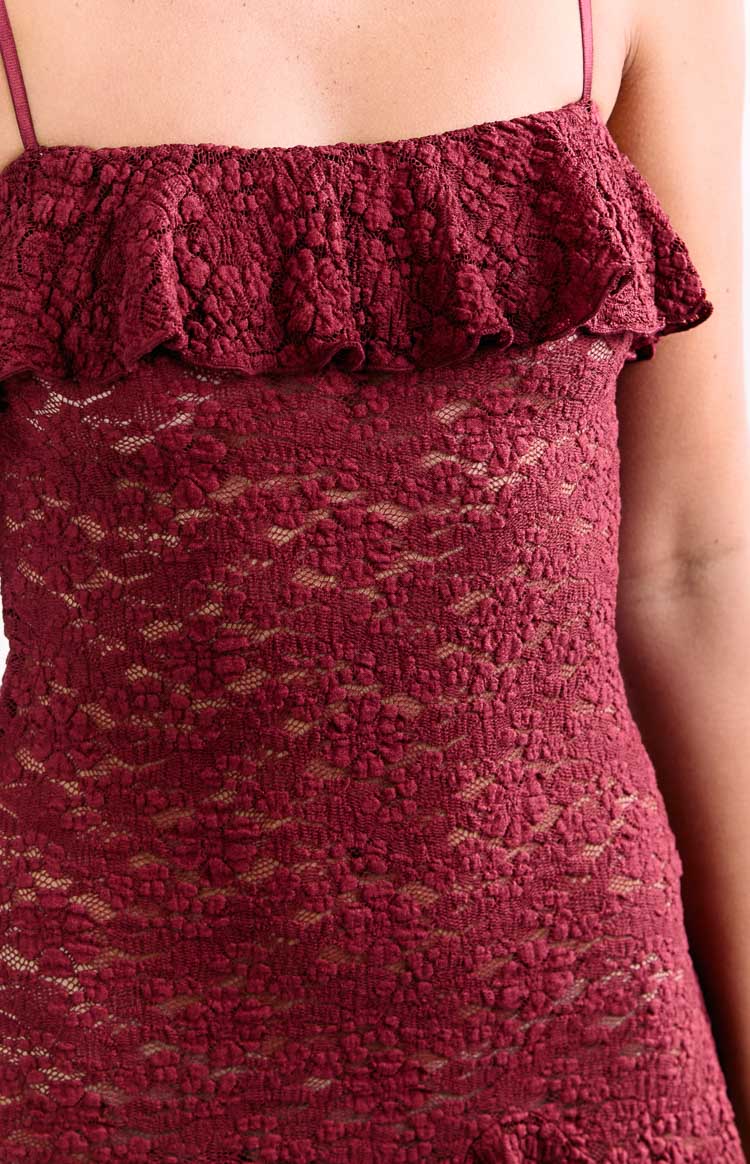 Celeste Wine Lace Party Mini Dress - Image 6