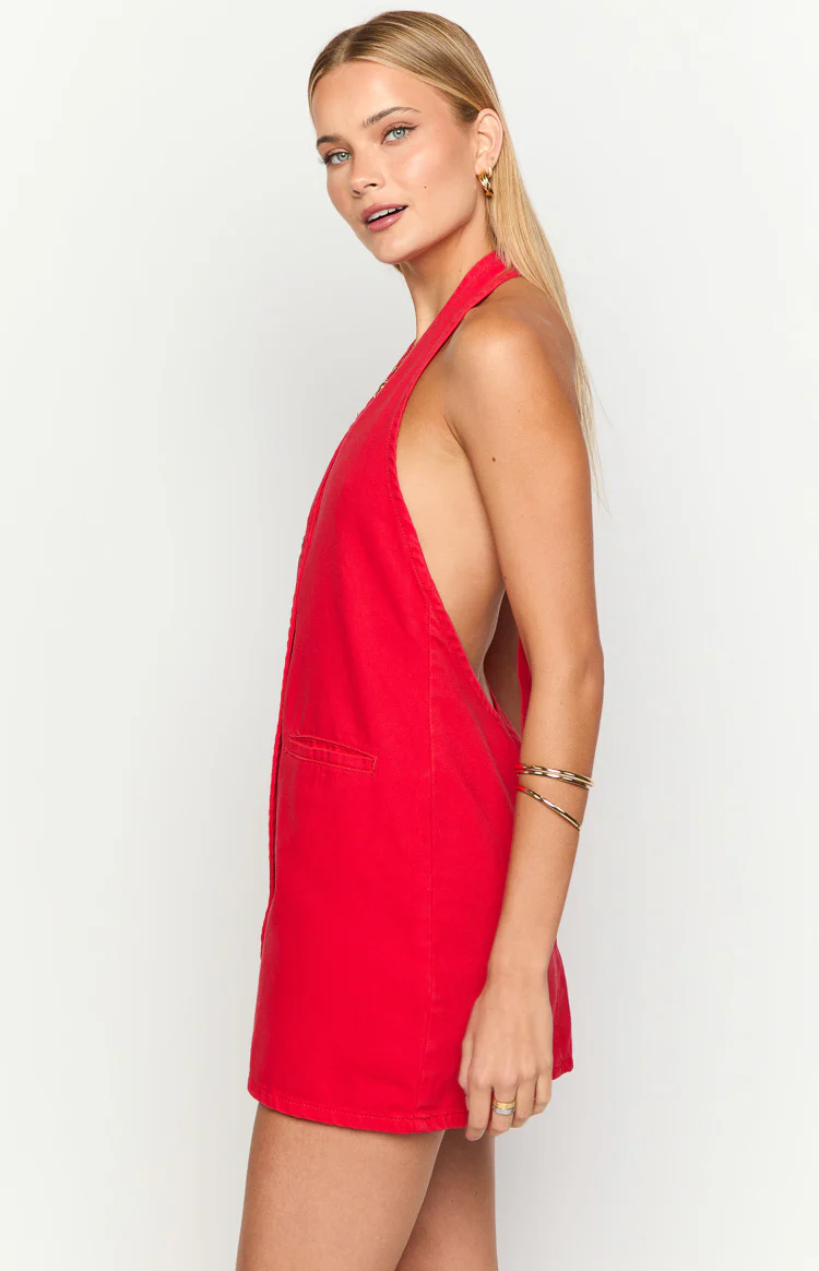 Corbin Red Denim Halter Neck Mini Dress - Image 4