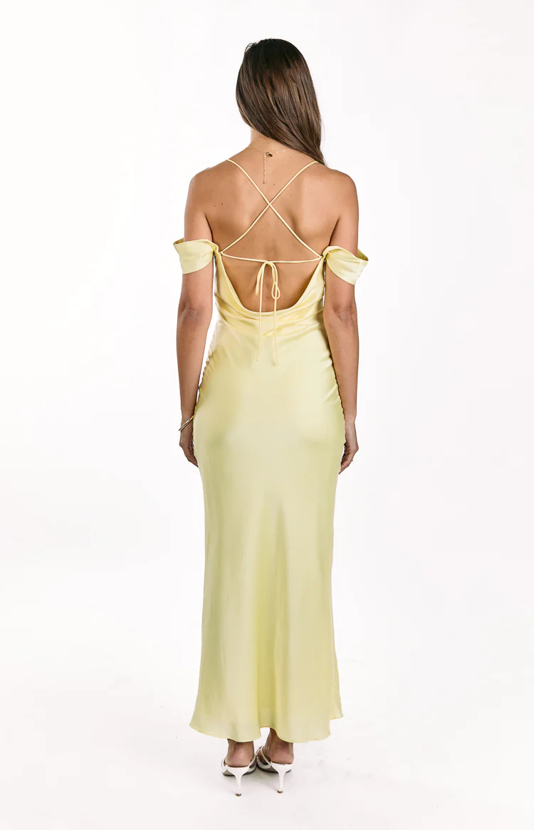 Danni Light Yellow Tie Off Shoulder Formal Maxi Dress - Image 5