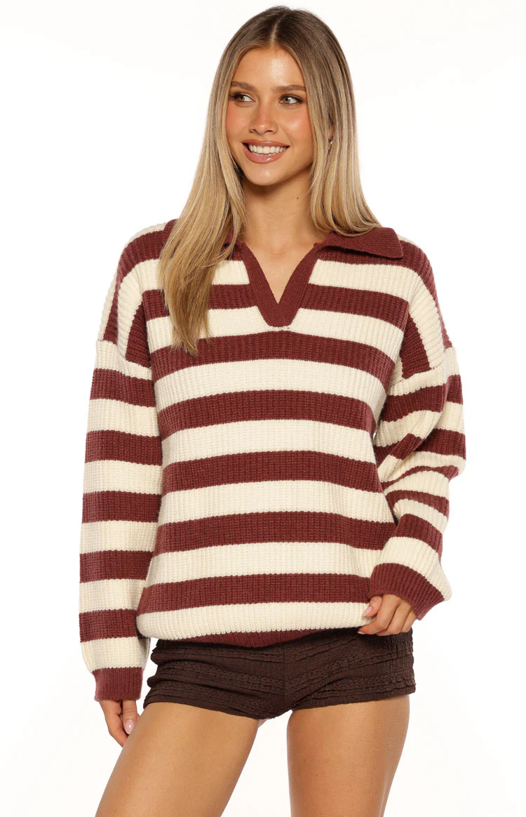 Daze Burgundy Stripe Polo Knit Sweater - Image 2