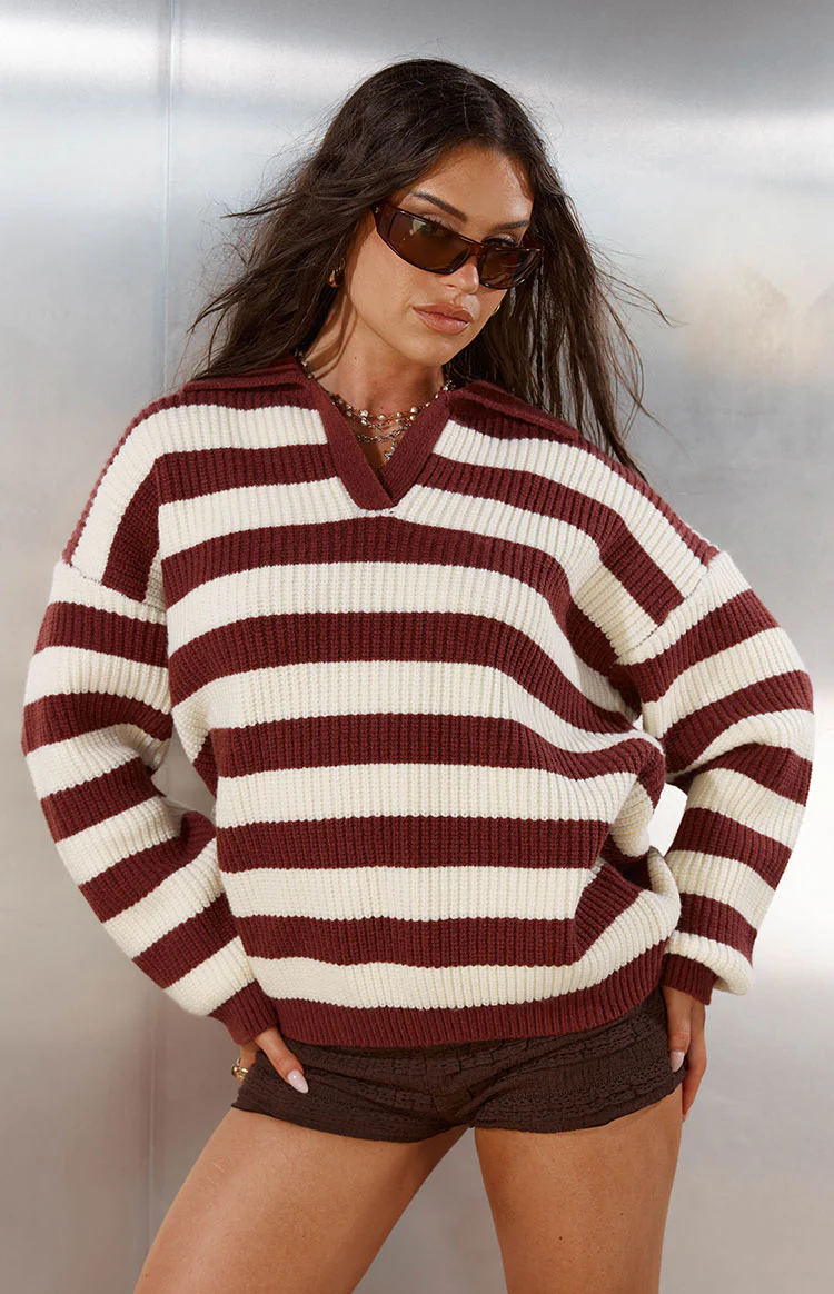 Daze Burgundy Stripe Polo Knit Sweater - Image 5