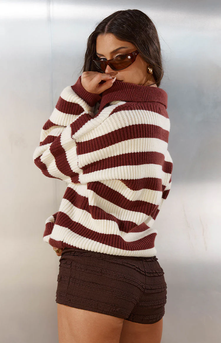 Daze Burgundy Stripe Polo Knit Sweater - Image 6