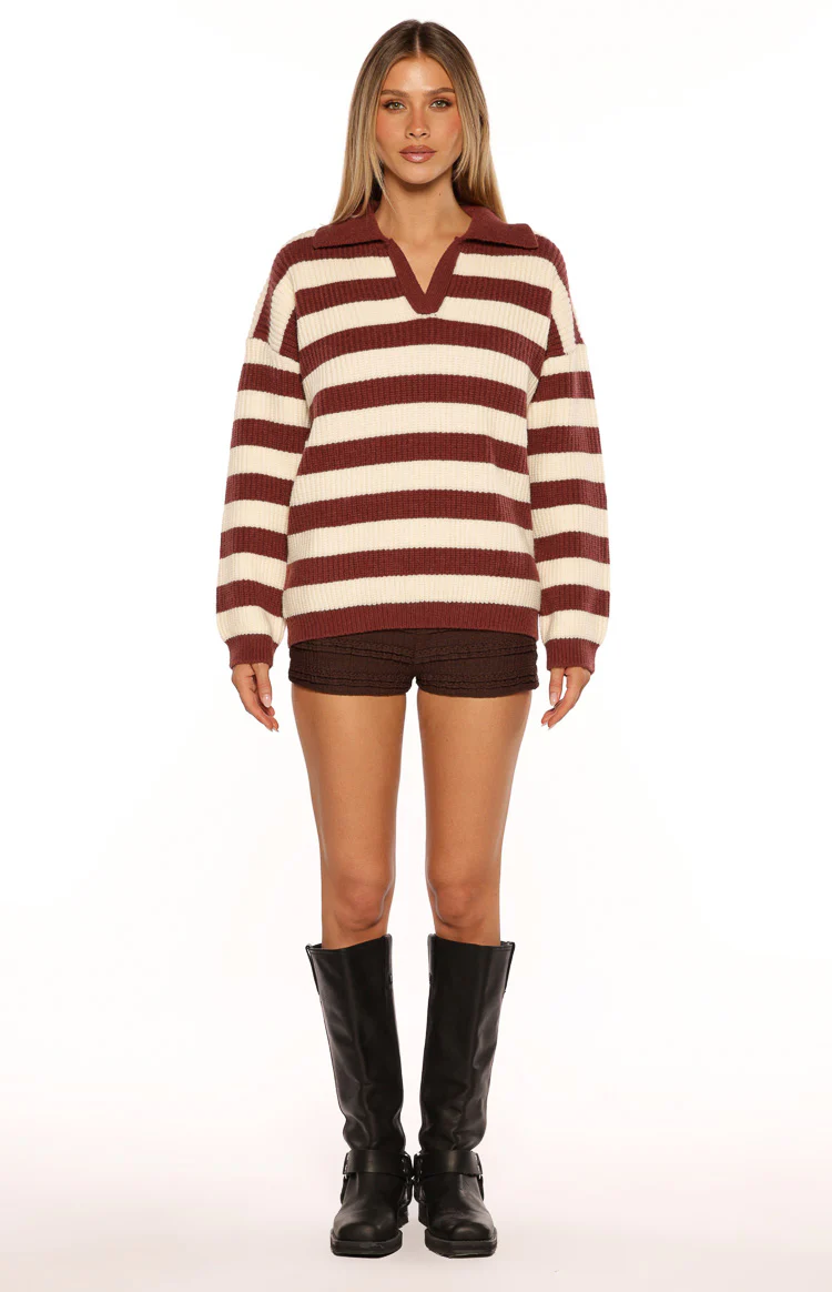 Daze Burgundy Stripe Polo Knit Sweater - Image 7