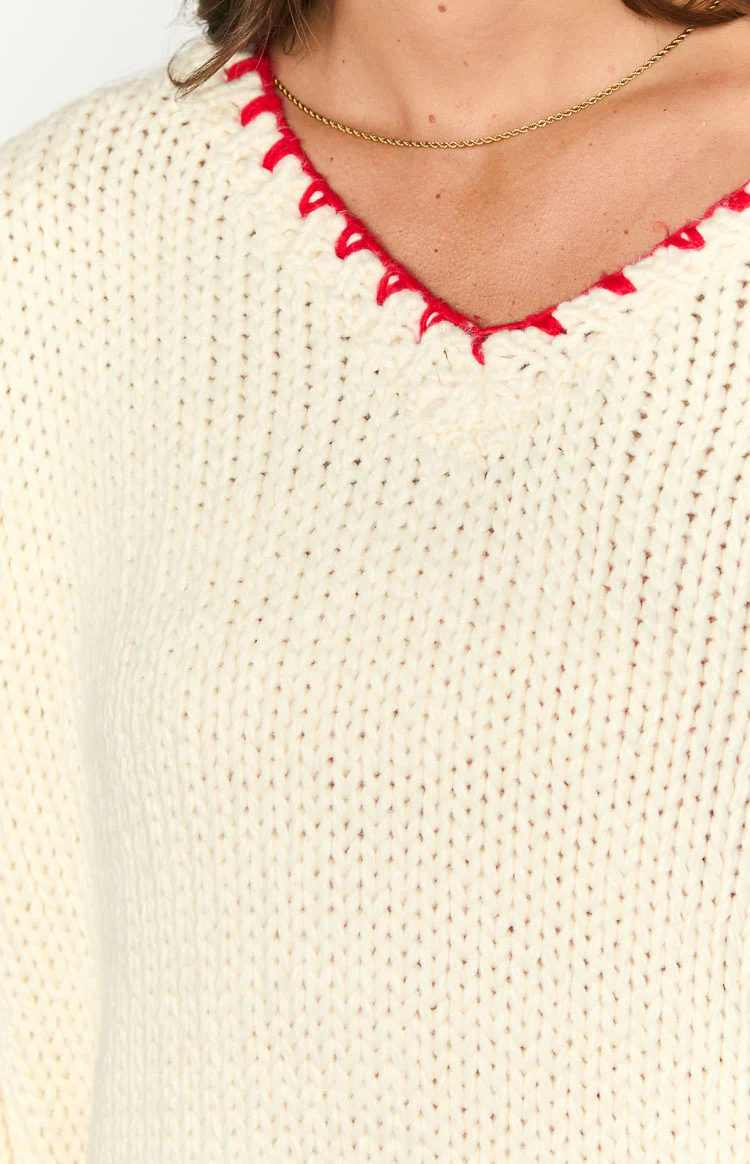 Delvey Cream And Red Contrast Stitch Chunky Knit Sweater - Image 6