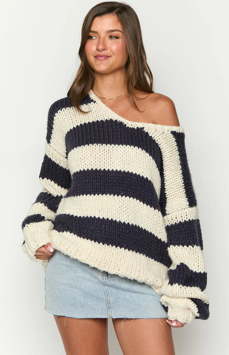 Delvey Navy Striped Chunky Knit Sweater - Image 2