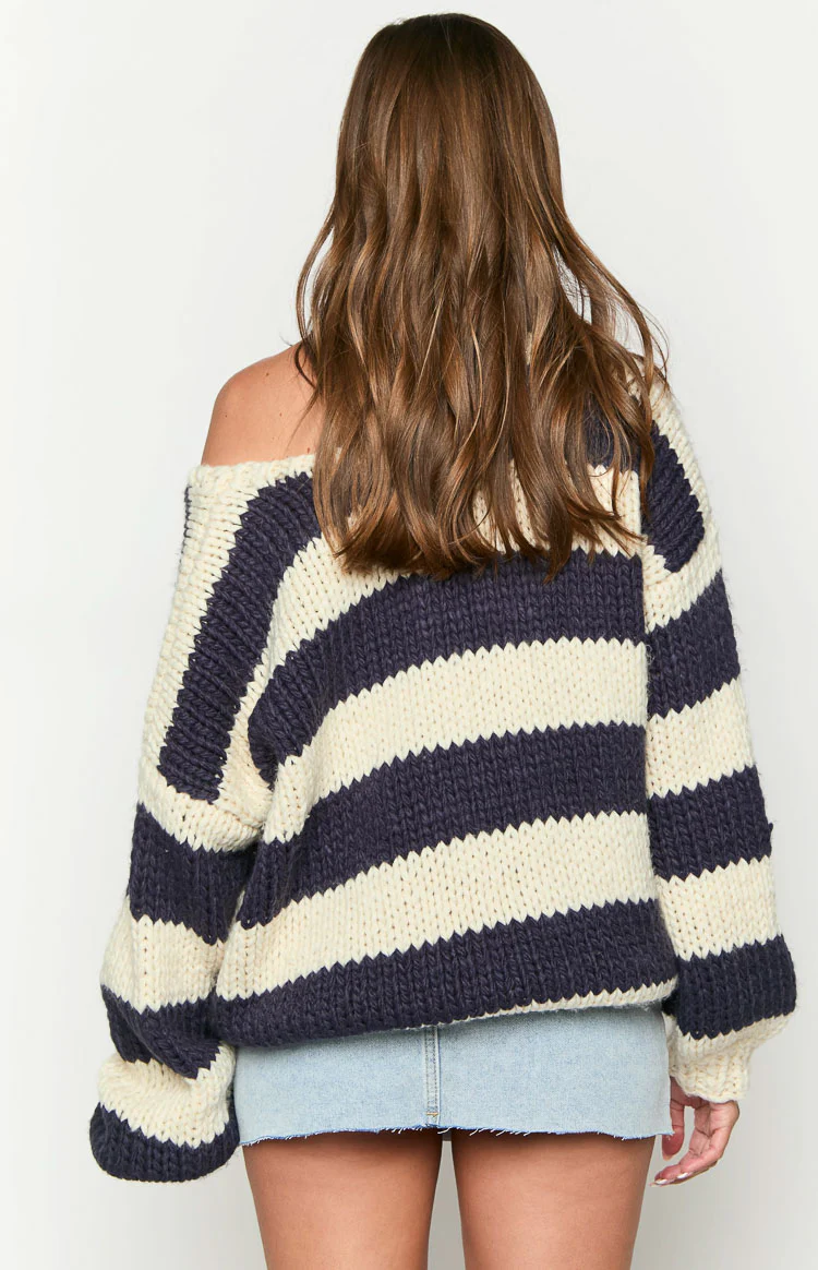 Delvey Navy Striped Chunky Knit Sweater - Image 7