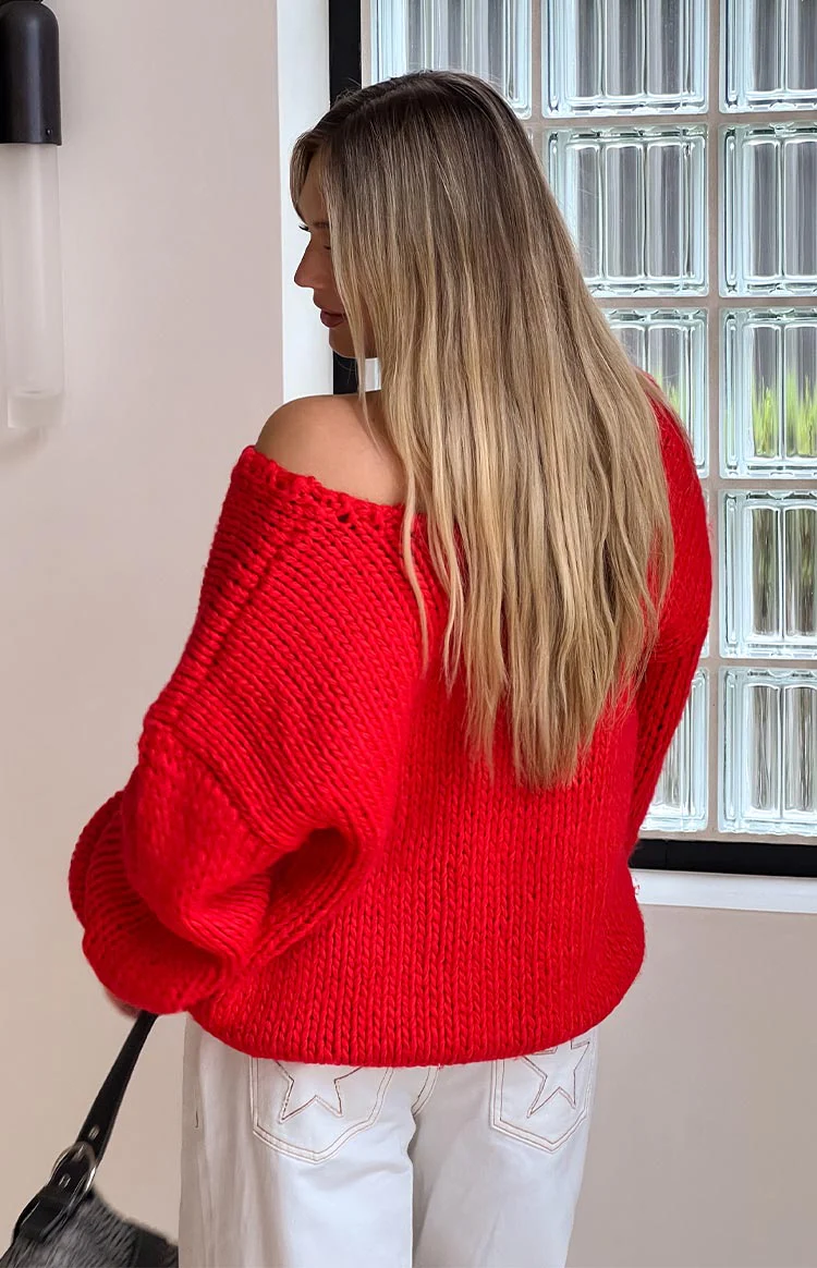 Delvey Red Chunky Knit Sweater - Image 15