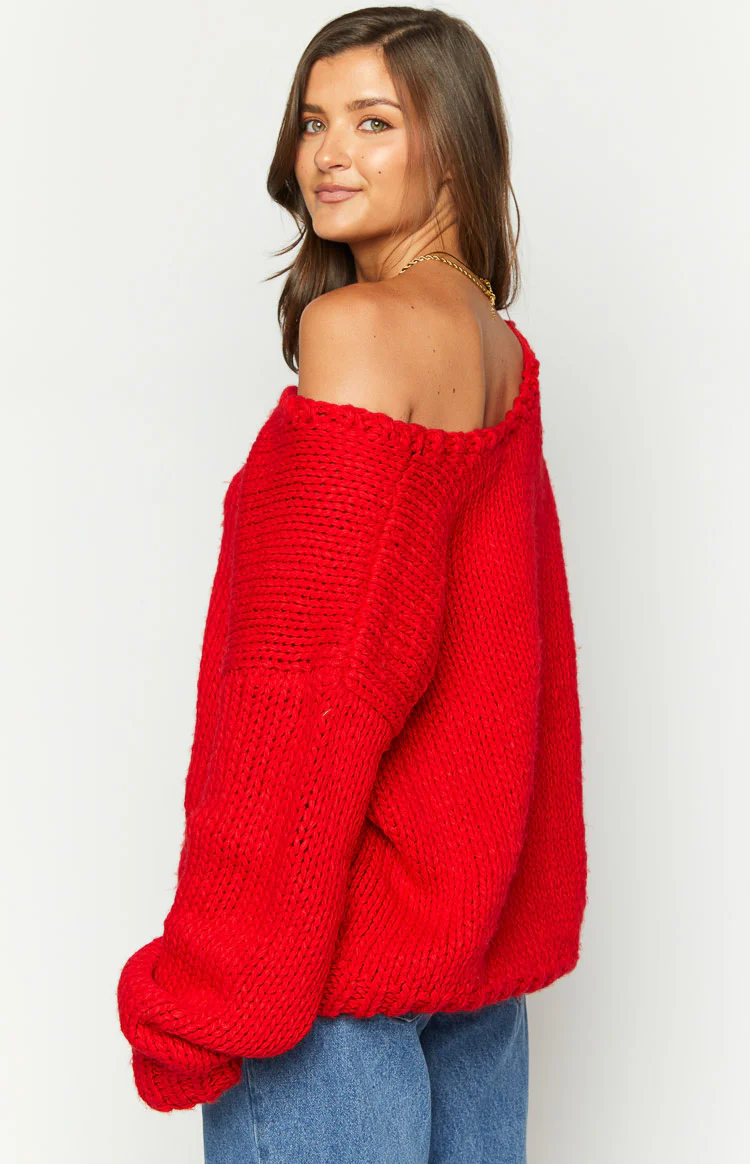 Delvey Red Chunky Knit Sweater - Image 6