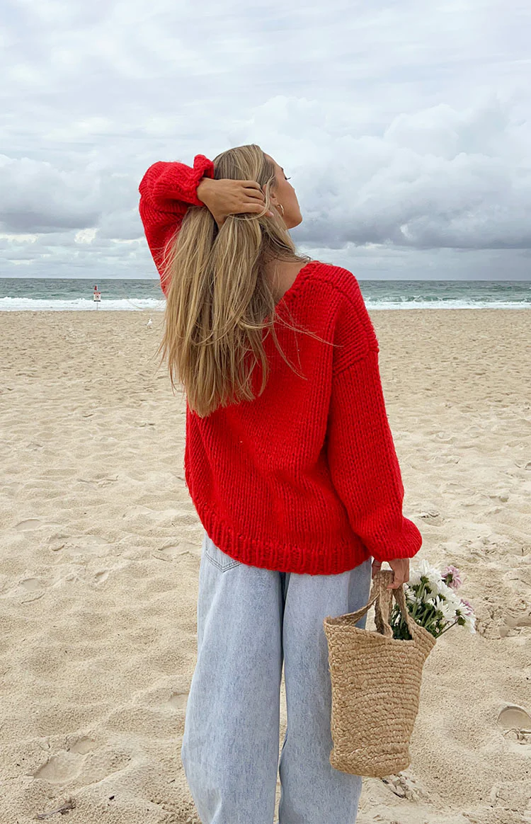 Delvey Red Chunky Knit Sweater - Image 8