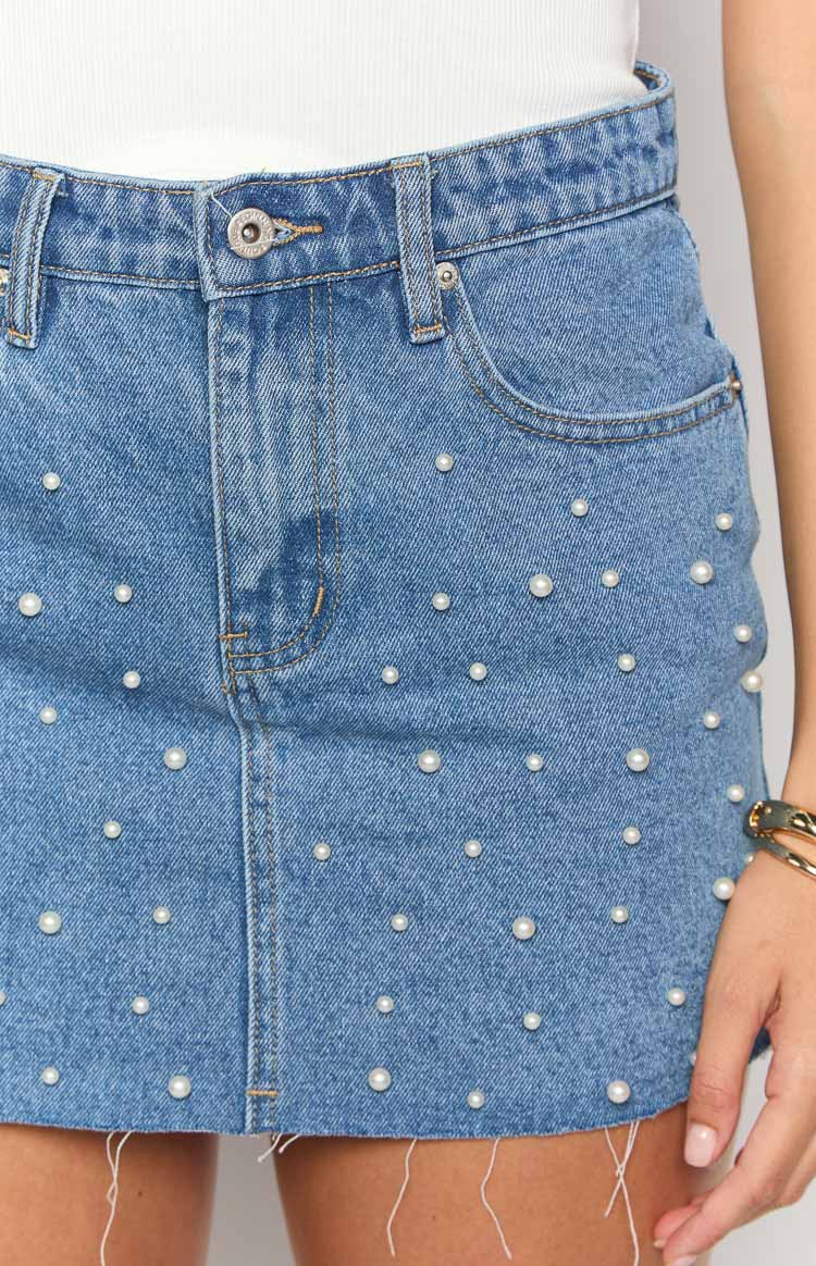 Denim Dazzle Pearl Mid Wash Mini Skirt - Image 6