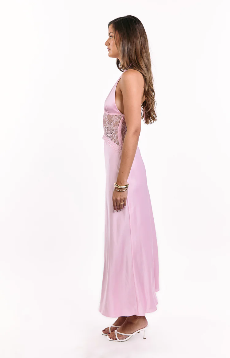 Divandi Pink Lace Halter Neck Formal Maxi Dress - Image 4