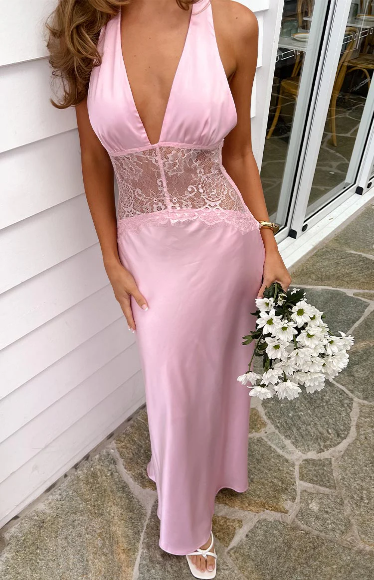 Divandi Pink Lace Halter Neck Formal Maxi Dress - Image 8