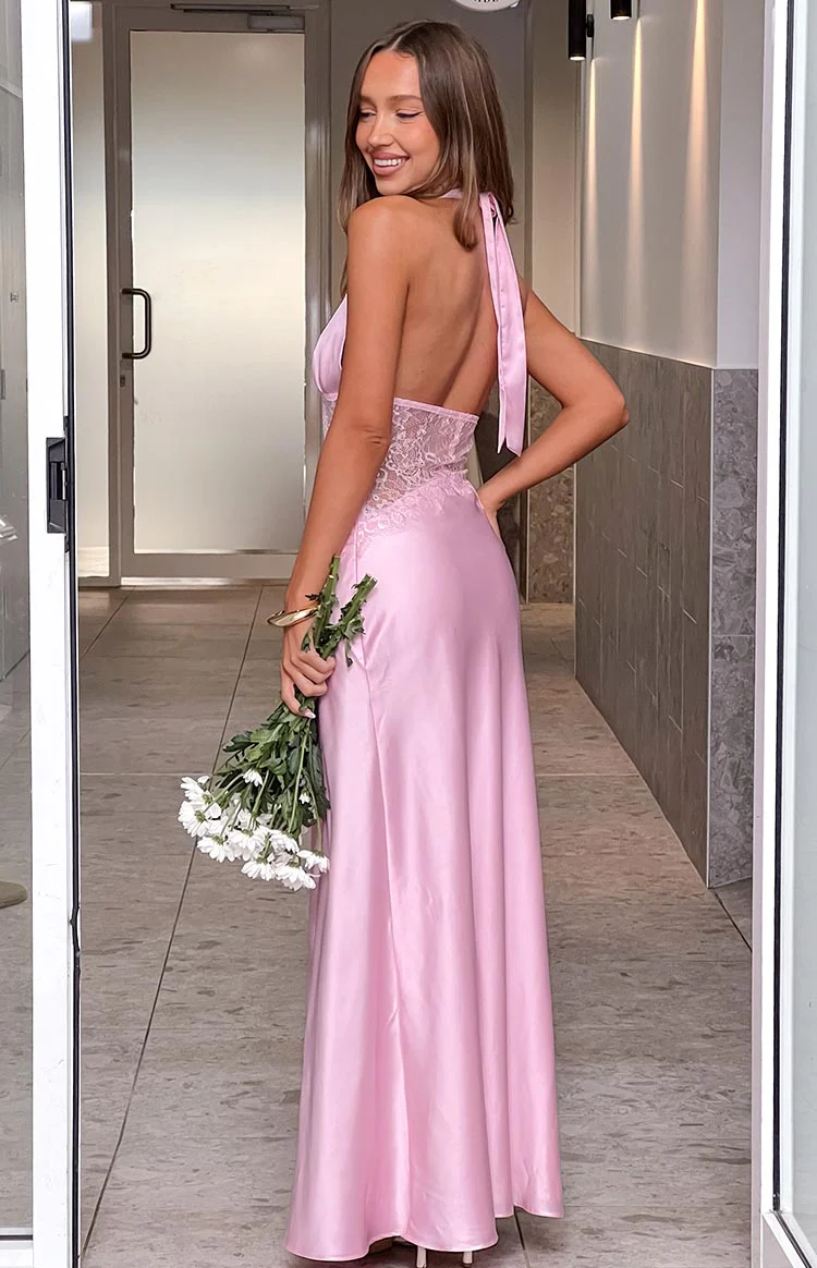 Divandi Pink Lace Halter Neck Formal Maxi Dress - Image 9
