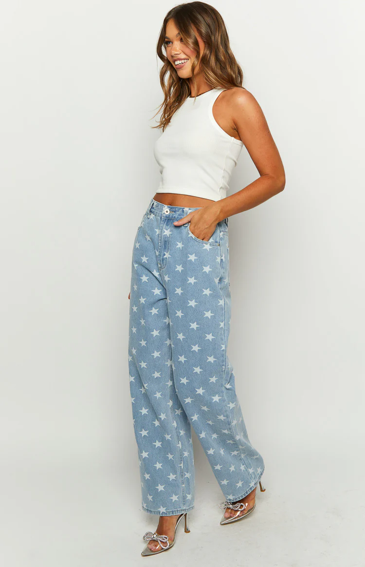 Eli Star Print Mid Wash Wide Leg Denim Jeans - Image 3