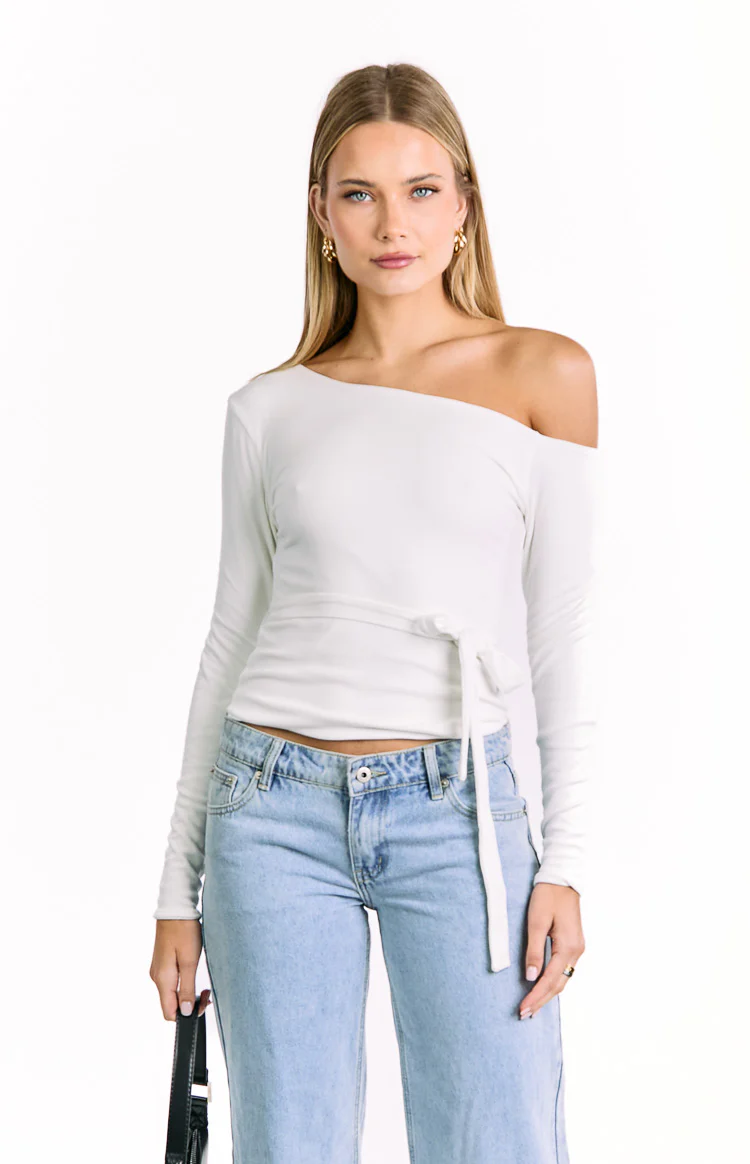 Elkie White Tie Waist Long Sleeve Top - Image 2