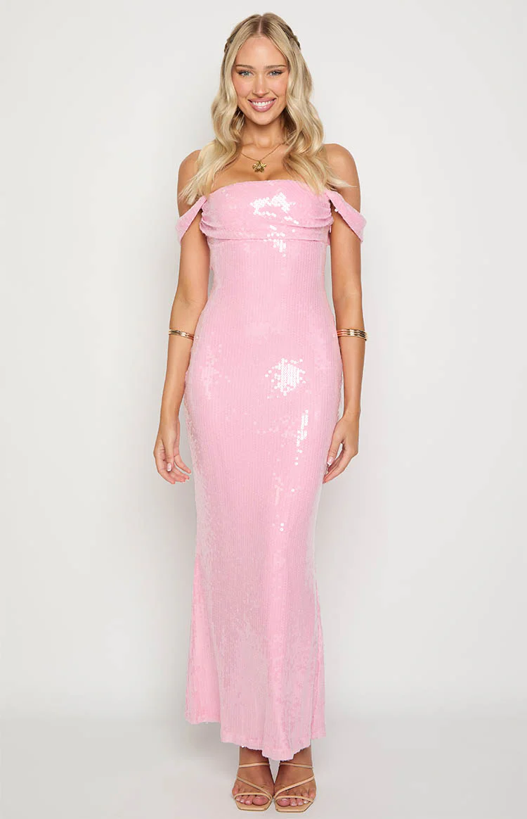 Ella Pink Sequin Off Shoulder Formal Maxi Dress - Image 2