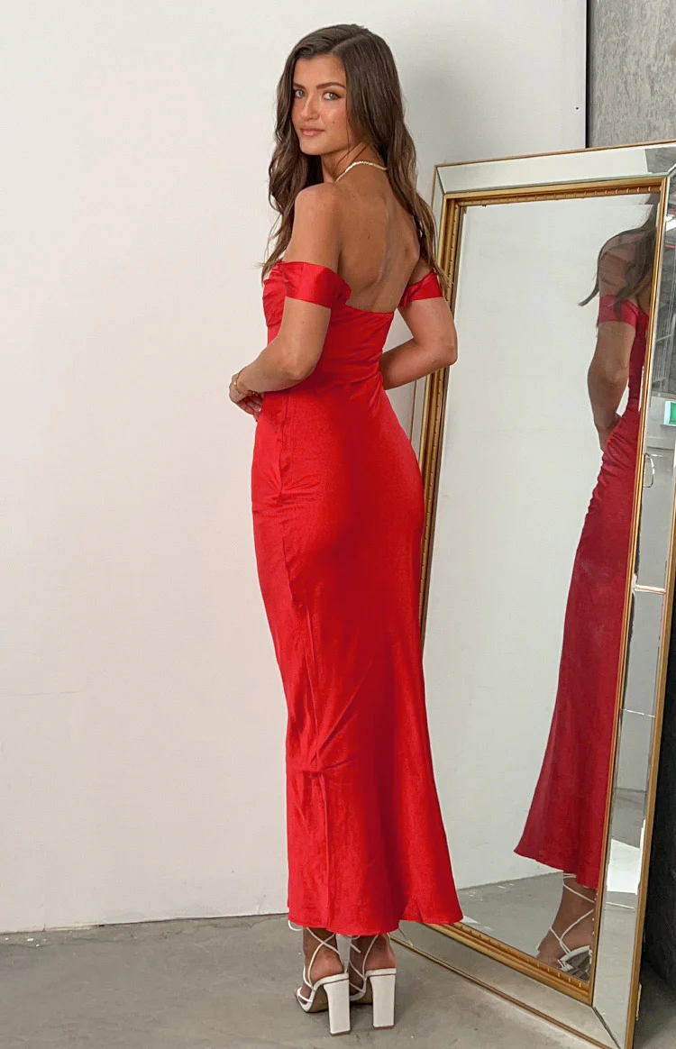Ella Red Off Shoulder Formal Dress - Image 10