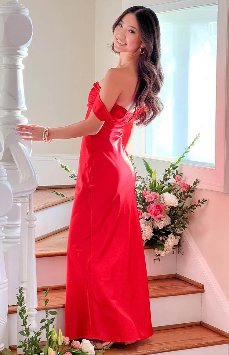 Ella Red Off Shoulder Formal Dress - Image 11