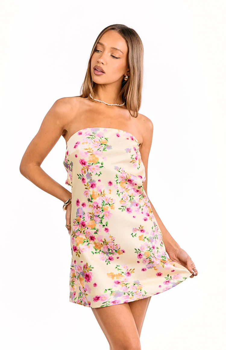 Ellie Yellow Bloom Strapless Mini Dress - Image 9