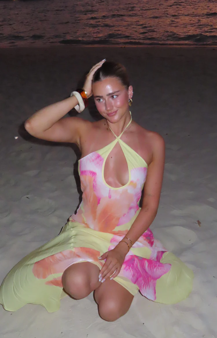 Elowen Yellow Hibiscus Floral Halter Maxi Dress - Image 14