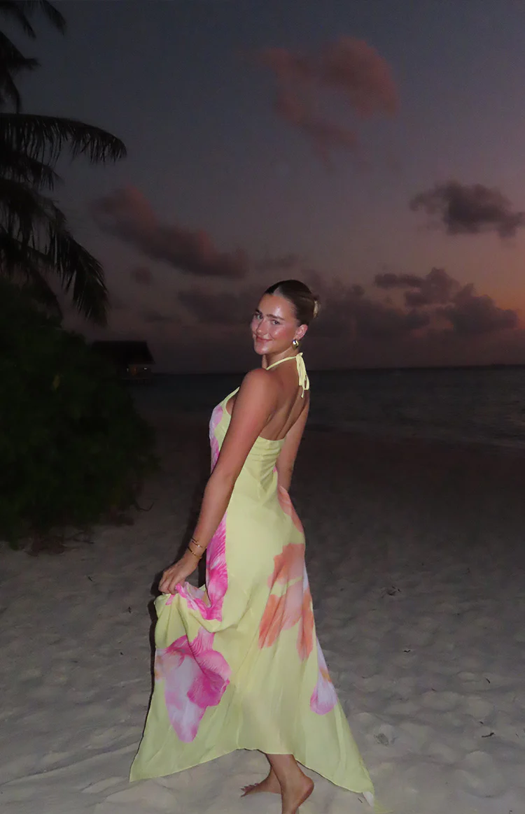 Elowen Yellow Hibiscus Floral Halter Maxi Dress - Image 15