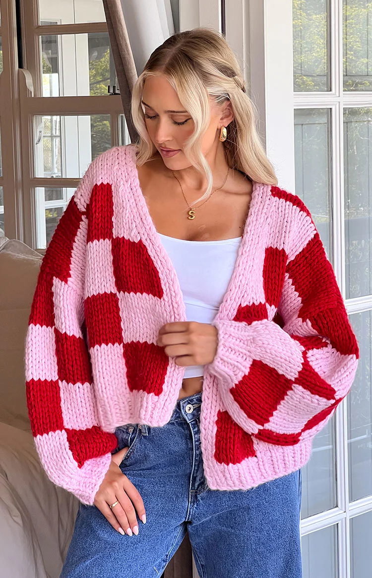 Envi Pink And Red Checkered Knit Cardigan - Image 10