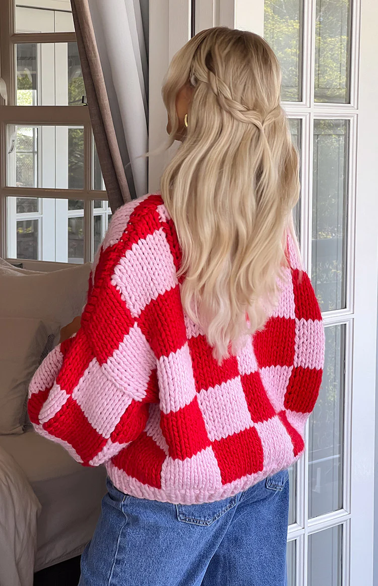Envi Pink And Red Checkered Knit Cardigan - Image 12